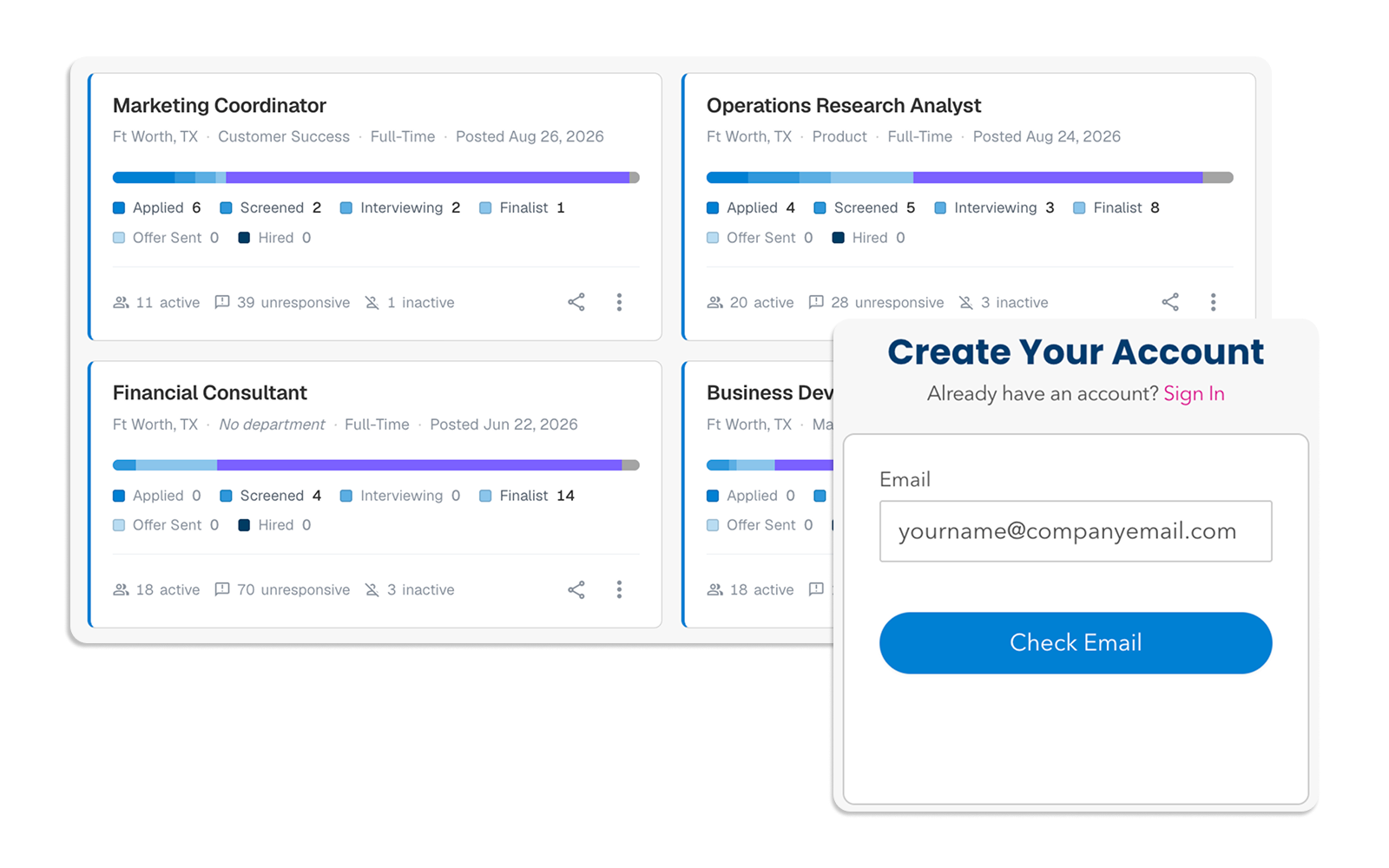 The Create Your Account sign-up form over a view of hiring pipelines