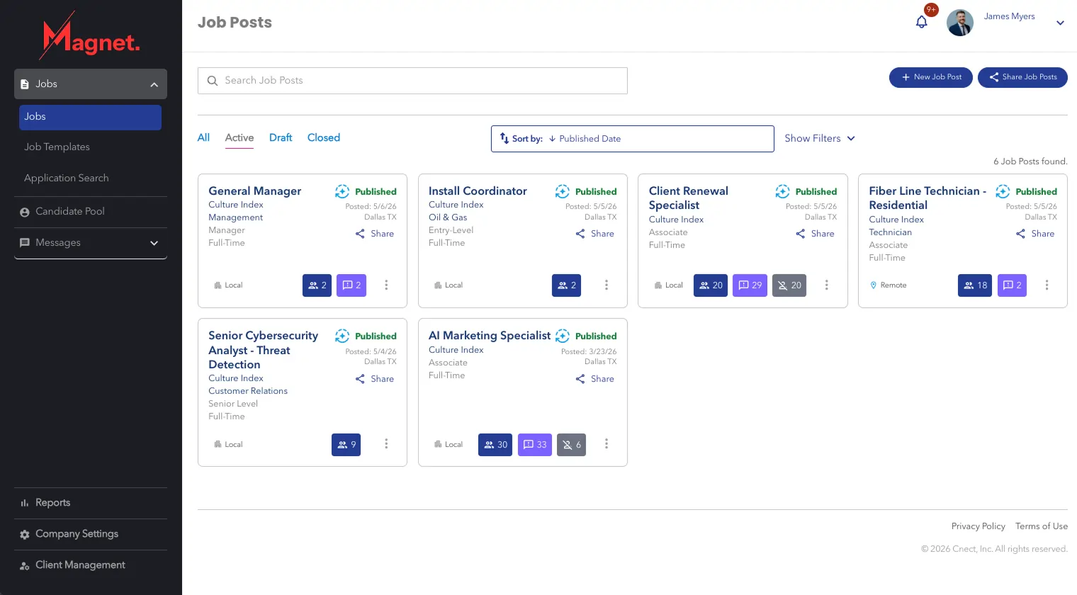 Cnect corporate visibility dashboard for franchise hiring screenshot