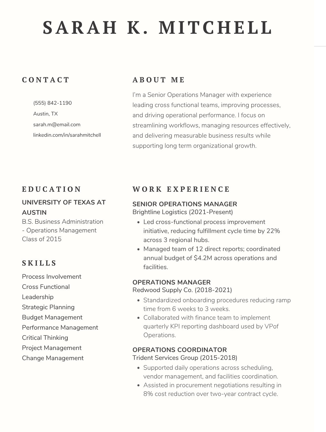Traditional resume for Sarah K. Mitchell